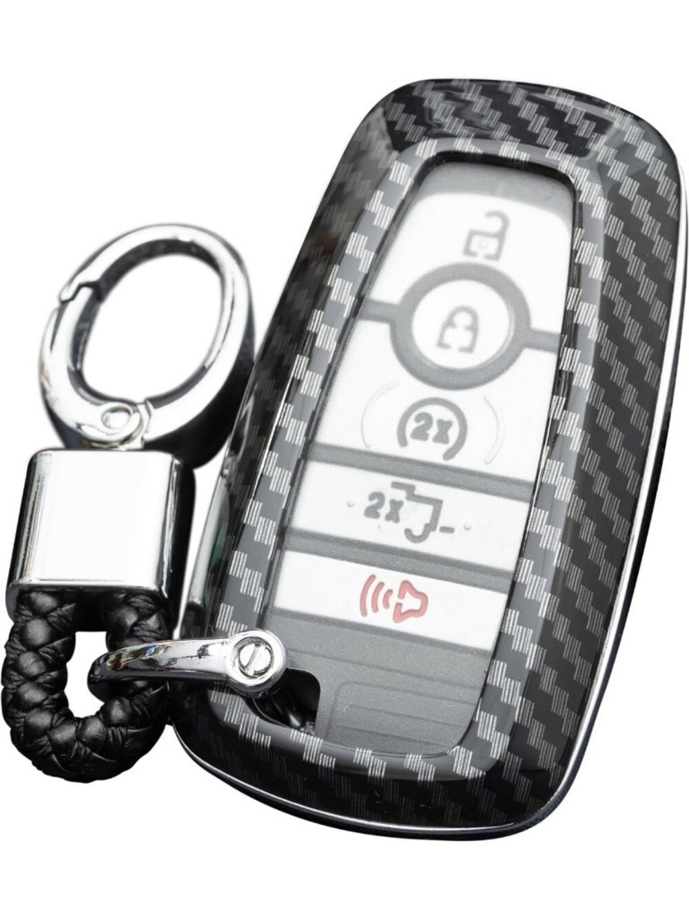 Sleek Carbon Fiber Key Fob Cover Case with Chain - Fits Ford Models & More!